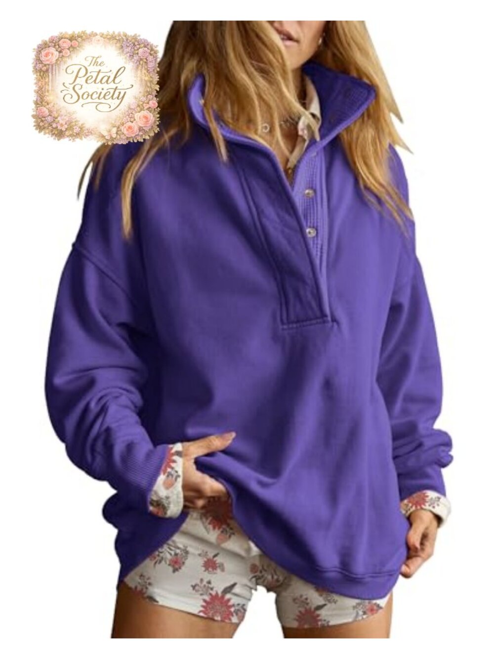 Oversized Henley Neck Sweatshirt 80% Cotton Pullover Top